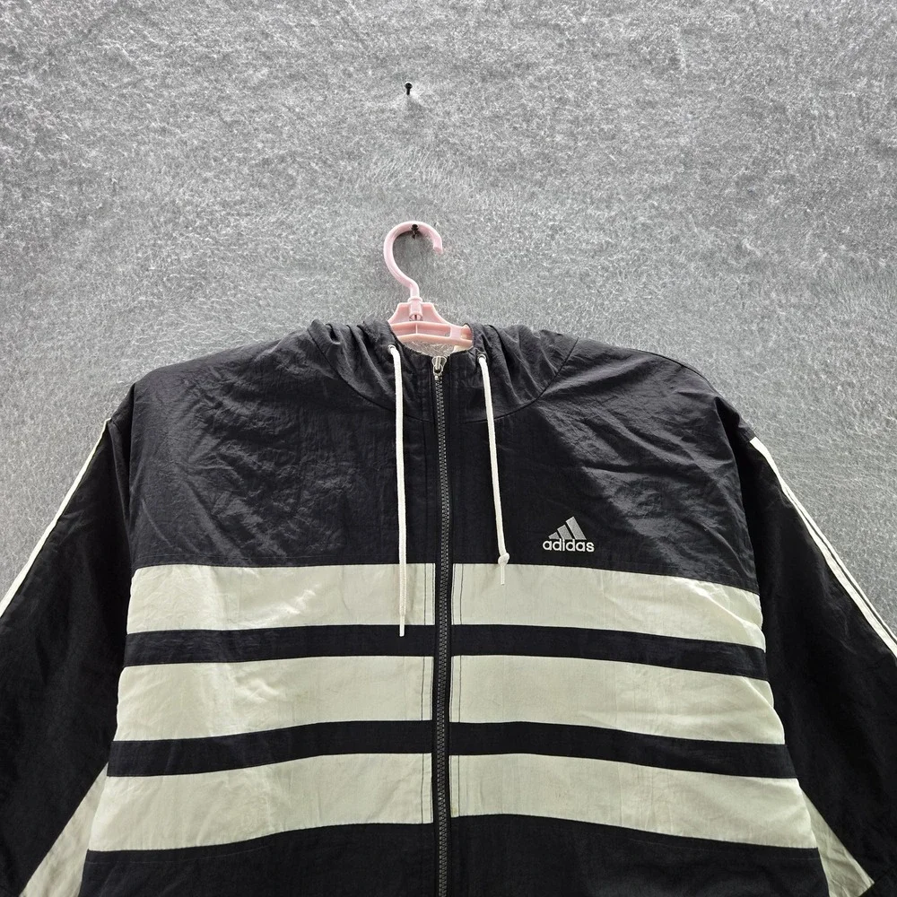 VINTAGE Adidas Men Jacket XL Black 90s Nylon Striped Activewear Zipper READ